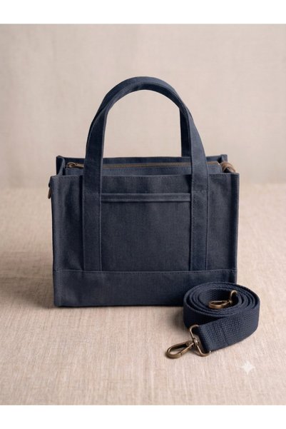 OLD COTTON BAGS Navy Blue Canvas Women's Hand and Shoulder Bag with Adjustable Strap Vintage 26X20X12 cm