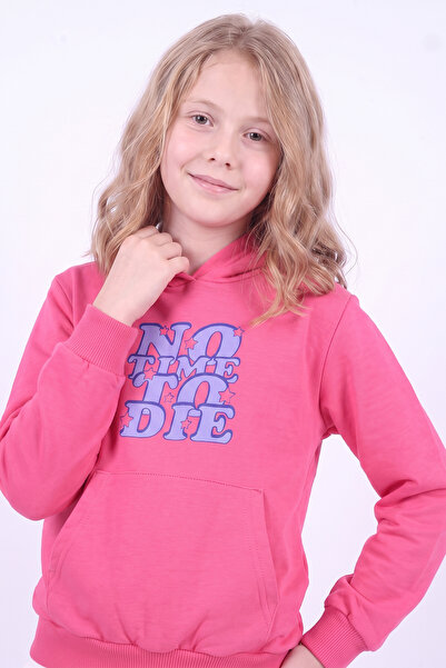 panios kids Kız Çocuk Baskılı Kanguru Cepli Uzun Kollu Kapüşonlu Sweatshirt