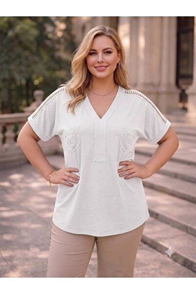 EMZAGİYİM V-Neck Lace Blouse with Pockets and Lace Shoulders