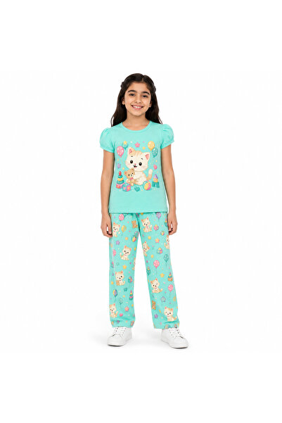 Generic Girls Pink Cartoon Cat Print Pajama Set, T-Shirt and Trousers