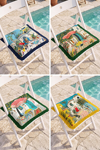 Realhomes Mediterranean Street and House Illustration Patterned 4-Piece Fring...