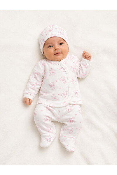 emir baby Baby Girl 3-Piece Ribbed Hospital Discharge Set with Teddy Bear – w...