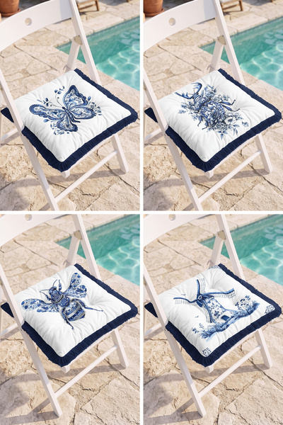 Realhomes Blue White Butterfly Bee and Windmill Patterned 4-Piece Fringed Puf...