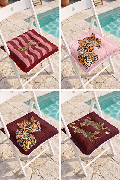 Realhomes Modern 4-Piece Fringed Pouf Chair Cushion Set with Leopard Pattern ...