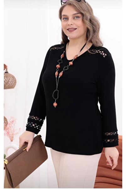 PARKDERİN Plus Size, Guepure Detail on Shoulders and Sleeves, Soft Textured V...