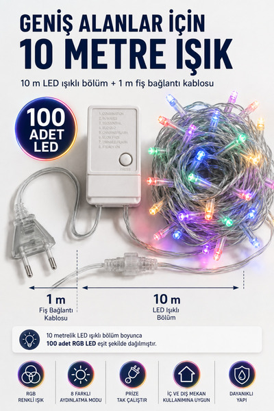 ALFAGİFT 10 Metre 100 LED Perde Led Işık 8 Modlu Fişli Dekoratif Yılbaşı Balkon Parti Aydınlatma