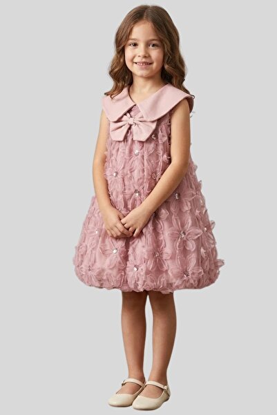 ww waka waka kids store Girl's Pink Collar Bow Floral Sequin Puffy Evening Dress