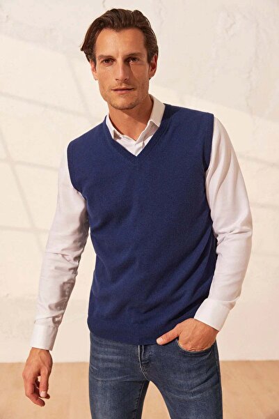 Silk and Cashmere Lacivert Gio Saf Kaşmir V Yaka Erkek Süveter