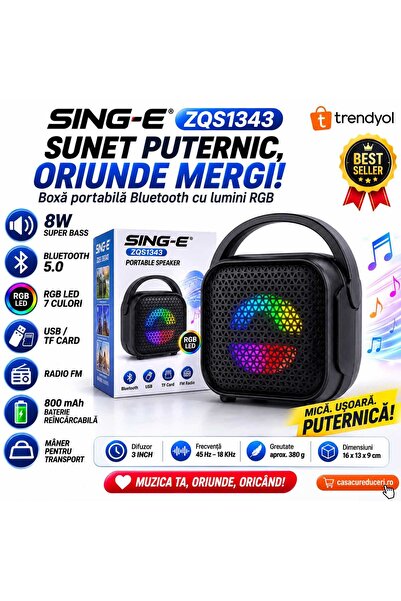 ASMXX Boxă portabilă SING-E ZQS1343, Bluetooth 5.0, 8W Super Bass, RGB LED 7 ...