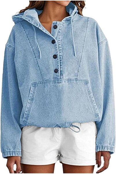 Generic Womens Denim Hoodie Jacket Casual Long Sleeve Pullover Sweatshirt | 1...