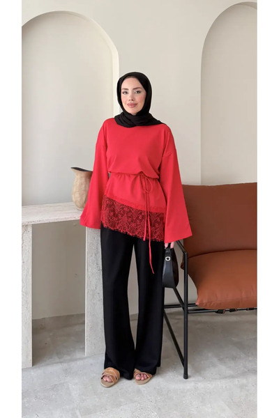RFK Butik Kadın Dantel Detaylı Bel Bağlamalı Penye Sweat - Kırmızı