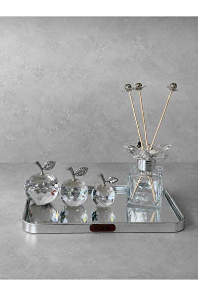 sahane & bazaar Dekoratif Aynalı Tepsi ve Kristal Koku Şişesi Kristal Elma Se...