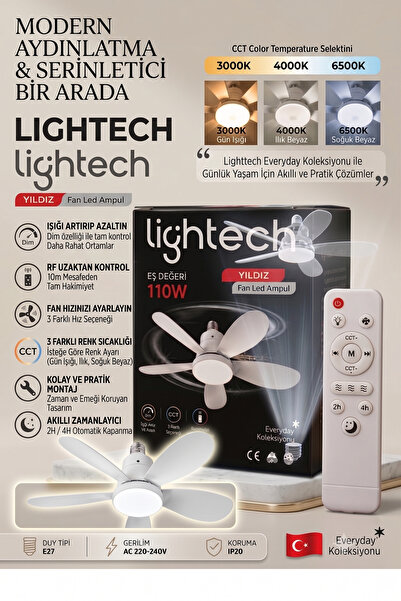 Yıldız Fan LED Ampul 110W Eş Değeri E27 Duy Kumandalı 3 Renk CCT Dim Edilebilir Tavan Pervane Lambası