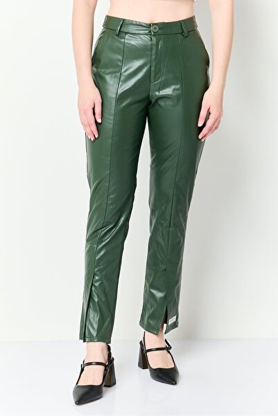 The Giving Movement Women Regular Fit Solid Leather Straight Leg Pants, Army ...
