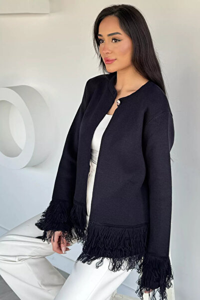 Aryena Navy Blue Women's Tasseled Knitwear Cardigan