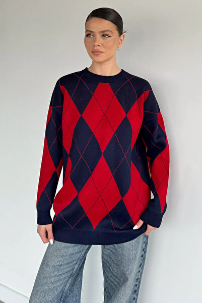 Aryena Navy Blue Women's Crew Neck Plaid Patterned Knitwear Sweater