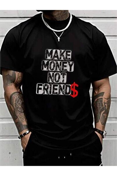 4CR قميص أسود مطبوع عليه عبارة "Make Money"، قميص كاجوال للجنسين برقبة دائرية...