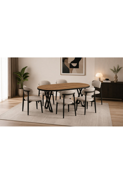 AVVİO Luna Serisi 80x160 cm 6 Kişilik MDF Oval Yemek Masası Mutfak Masası Tak...