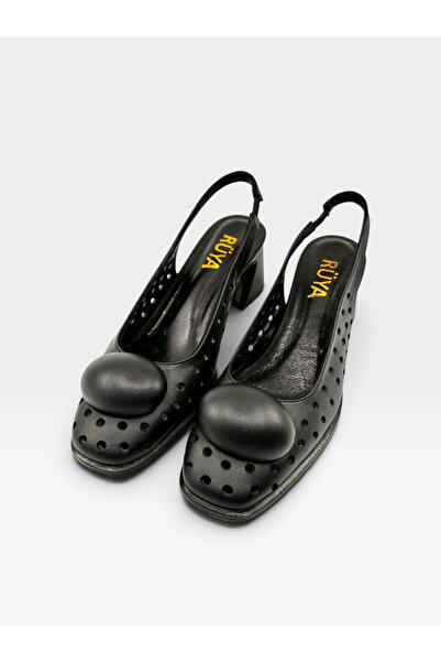 Rüya Shoes Thick Heel Elastic Comfortable Classic Heeled Genuine Leather Shoe...