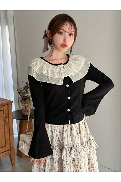 banessa Lace Detailed Knitwear Baby Collar Women's Cardigan