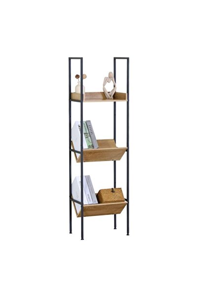 victiny Metal Shelf - Bookshelf with 3 Oak Shelves 40 x 27 x 150 cm