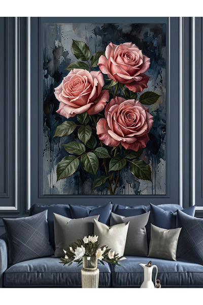 Artmeg Buchet triplu de trandafiri roz - Pânză decorativă - Masă din lemn MDF