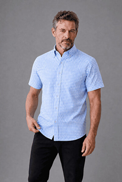 Bisse Blue Regular Fit Cotton Short Pasha Collar Shirt