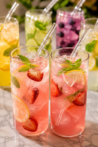 Heda Porselen Set of 6 420 ml Glass Cups with Straws – Heat-Resistant Straigh...