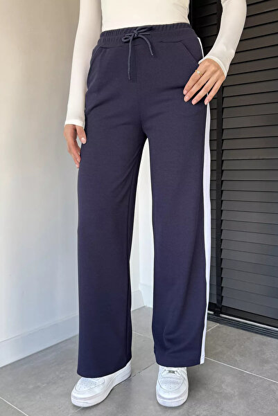 GÜLSELİ Navy Blue Women's High Waist Side Stripe Elastic Waist Palazzo Sweatp...