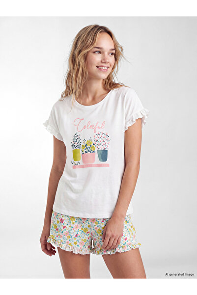 LC Waikiki Set de pijamale de damă scurte, imprimate, cu guler rotund