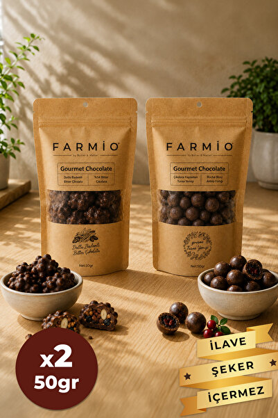 FARMİO İlave Şekersiz Bitter Çikolata 2x50gr - Turna Yemişi, Dut & Badem