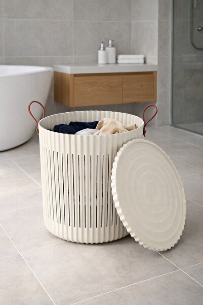 Evmarketi Banyo Kirli Çamaşır Sepeti Kapaklı Deri Kulplu Çok Amaçlı Banyo Mut...