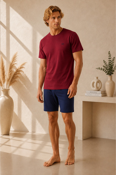 Pijamask Men's Burgundy Short Sleeve T-Shirt Navy Blue Shorts Summer Pajama S...