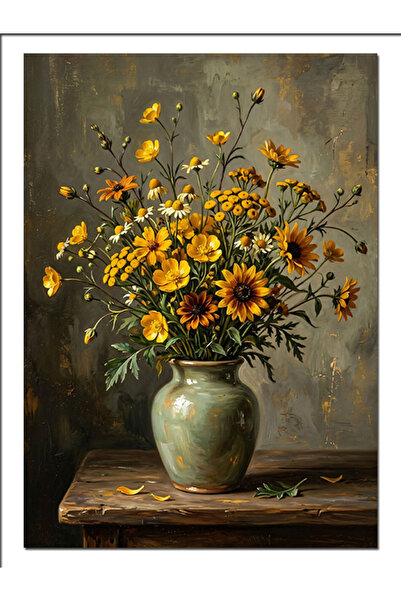 Artmeg Flori Galbene Buchet Rustic în Vază Pânză Decorativă - Tablou din Lemn...