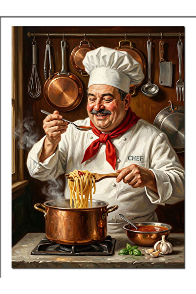 Artmeg Cheerful Italian Chef Cooking Pasta Decorative Canvas - Mdf Wooden Table