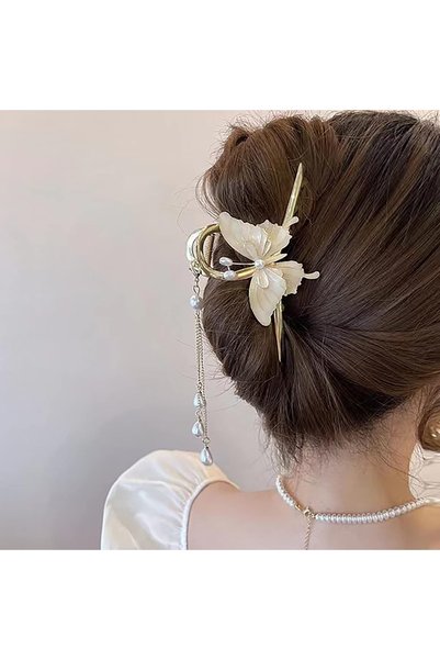 Glamluxe إكسسوار شعر أنيق على شكل فراشة مرصع باللؤلؤ مع مشبك معدني