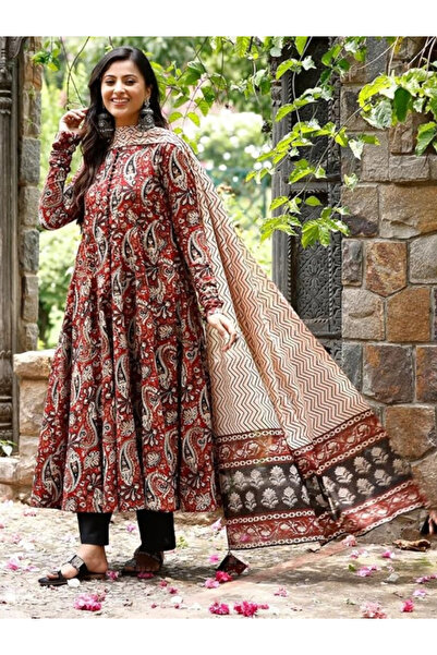 MYSMAR Maroon & Black Paisley Print Rayon Anarkali Kurta Set with Dupatta - AMZ1010-Size:2XL-44-Inches