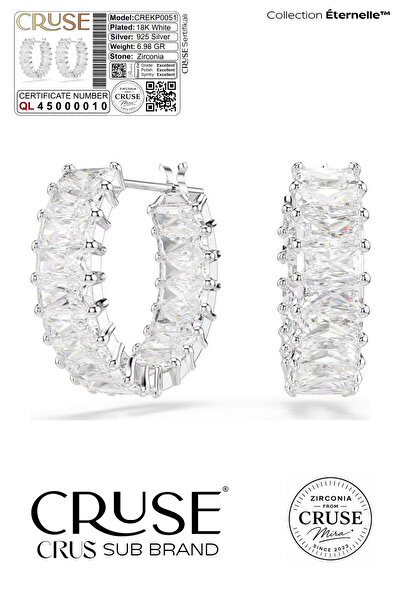 Cruse 925 Ayar Gümüş Baget Taşlı Éternelle™ Halka Küpe 18 Ayar Beyaz Altın Ka...