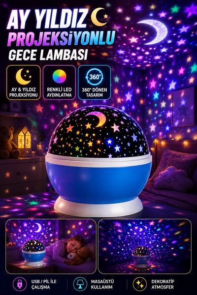 Hane Dostu Ay Yıldız Projeksiyonlu LED Gece Lambası 360° Dönen Renkli Gökyüzü...
