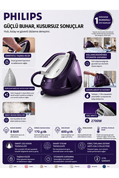 Philips Ultra Lüks Güçlü Şok Buharlı ,buhar Kazanlı Ütü Mor