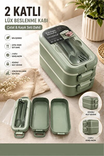 Kitchen Beauty 2 Katlı Bölmeli Taşınabilir Yemek Kabı Lunch Box Diyet Beslenme Kutusu Saklama Kabı Çatal Kaşık Sefer Tası