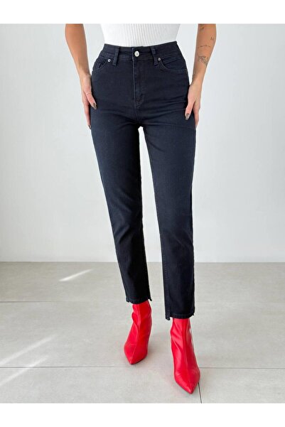 Moda Days Pantaloni de damă BLUE BLACK cu talie înaltă, tip Mom Jean, cu pici...