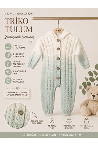 LİRONA 6-12 Ay Bebek Kapüşonlu Triko Tulum | Örgü Desenli Yumuşak Dokulu Kışl...