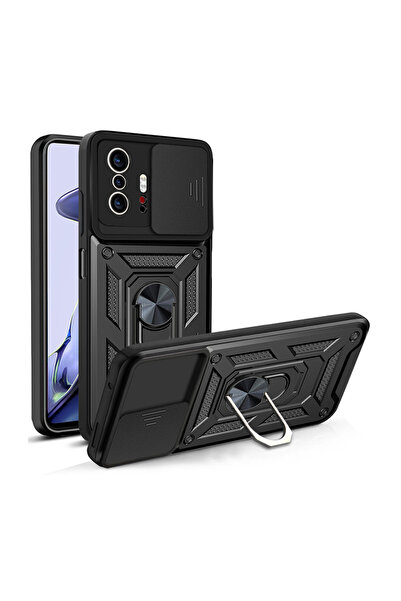 Xiaomi Mi 11t Pro Kılıf Kamera Korumalı Yüzük Aparatı Standlı Sürgülü Katmanlı Koruma Kapak