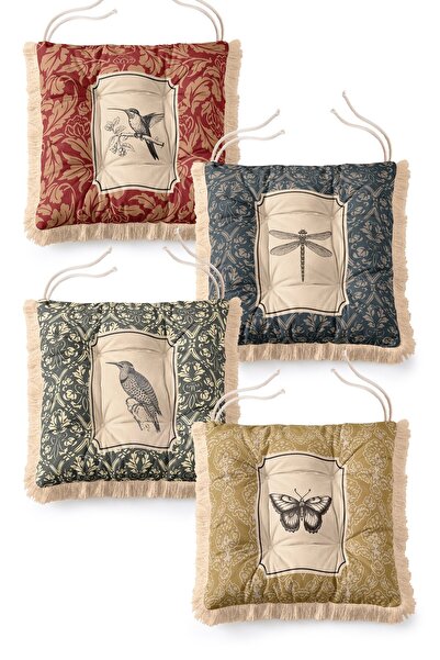 IdeCraft Vintage Kuş ve Kelebek Figürlü Damask Desenli 4'lü Saçaklı Pofidik S...