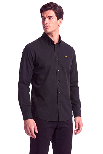 PAUL&SHARK Men's Regular Fit Logo Label Cotton Long Sleeve Black Shirt
