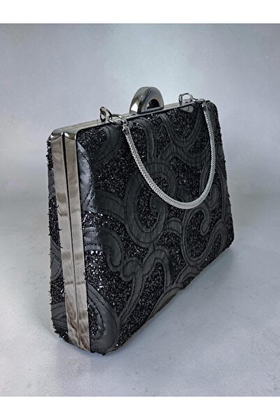 Telli Art Women's Black Shiny Leather Detailed Black Chain Evening Dress Bag ...