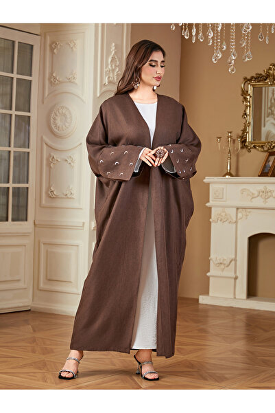 Take Two By Styli Coffee Brown Crescent Embroidered Open Front Abaya