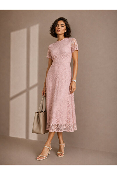 Styli Pink Solid Short Sleeves Lace A-Line Midi Dress