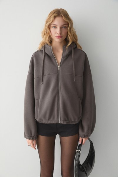 ETHIQUET VALIT Kadın Çift Cepli Eteği Ve Kol Ucu Lastikli Fermuarlı Oversize Gri Sweatshirt
